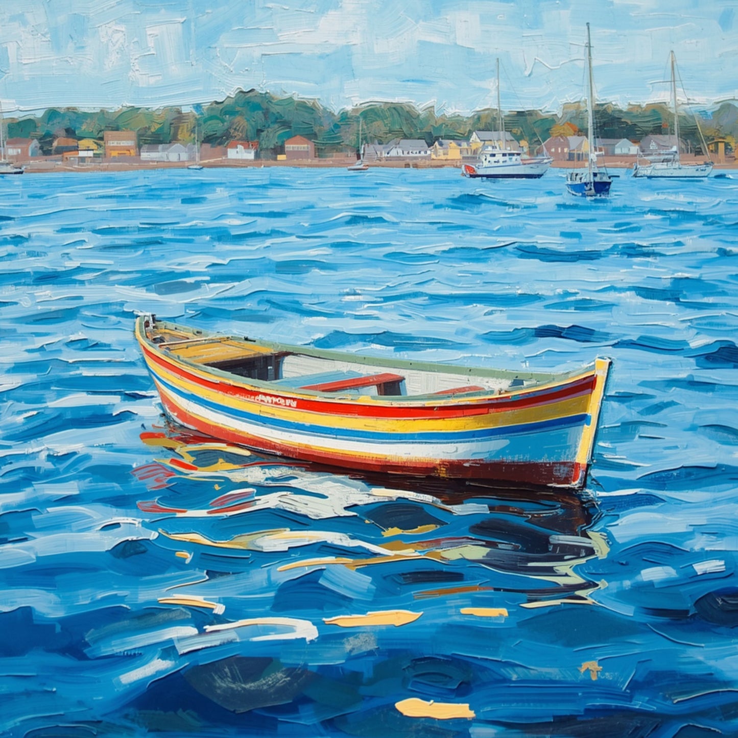 Roeiboot Schilderij – Kleurrijke Gestreepte Boot op Blauwe Baai