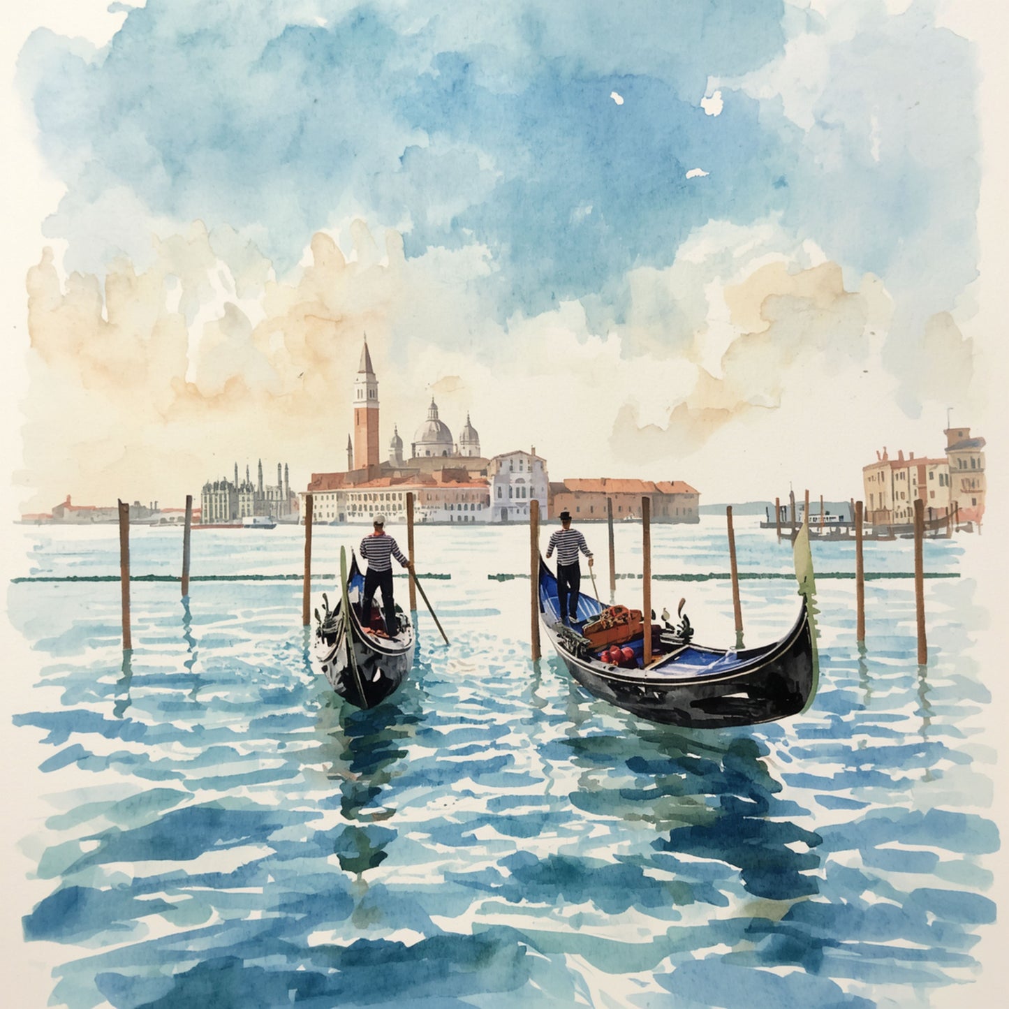 Venetië Gondel Schilderij – Twee Gondoliers op de Lagune met San Giorgio