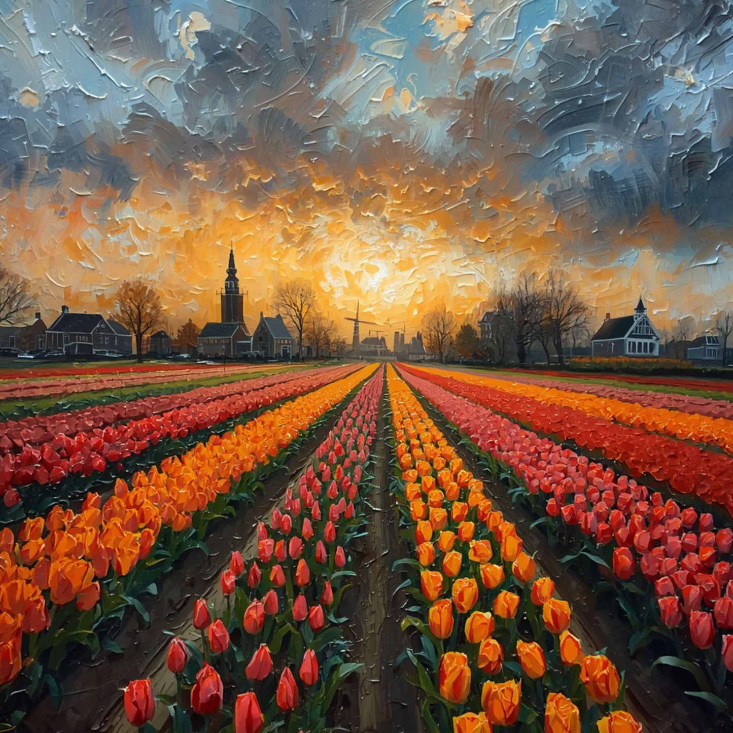 Tulpenveld Schilderij – Dramatisch Hollands Tulpenveld bij Zonsondergang met Kerktoren & Molen