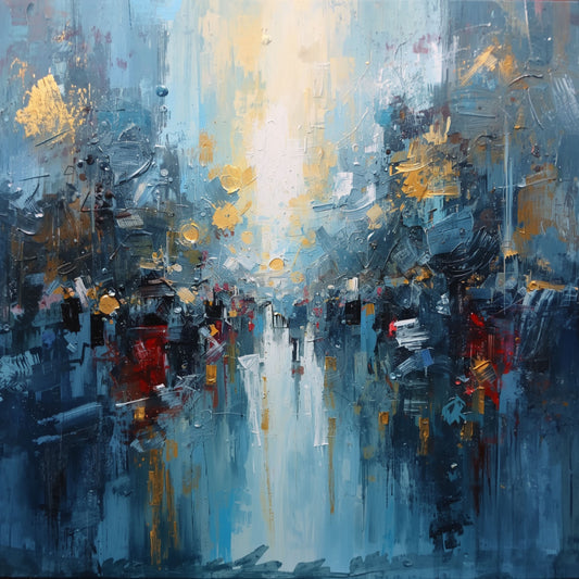 Abstract Schilderij – Blauw Gouden Stadsgezicht in Regen met Lichtreflecties & Textuur