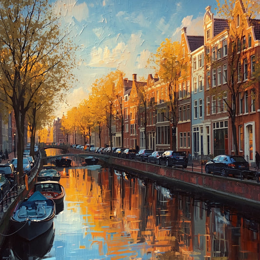 Amsterdam Schilderij – Gouden Herfstkleuren langs Amsterdams Grachtenpand met Boot