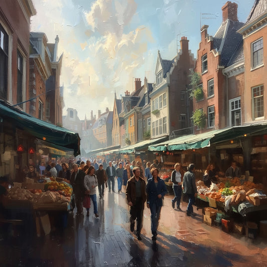 Markt Schilderij – Drukke Hollandse Straatmarkt met Groentekramen & Historische Gevels