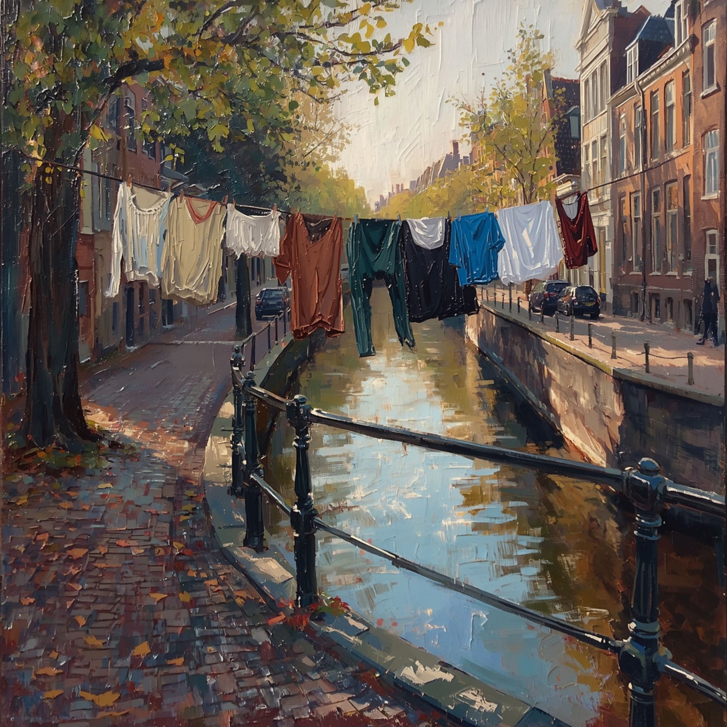Gracht Schilderij – Hollandse Gracht in Herfst met Was aan de Lijn & Klinkerpad