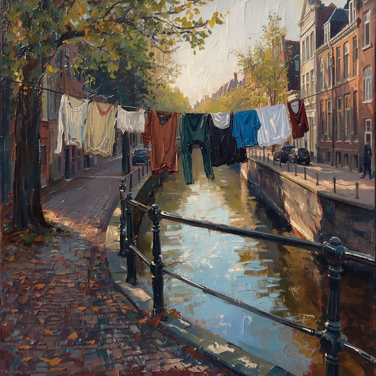 Gracht Schilderij – Hollandse Gracht in Herfst met Was aan de Lijn & Klinkerpad