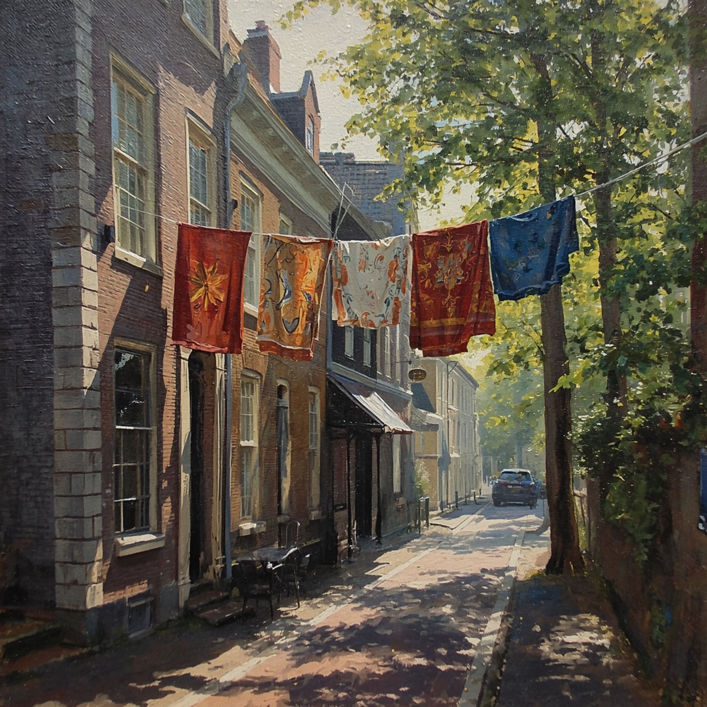 Hollands Straatje Schilderij – Zomerse Straat met Kleurrijke Tapijten aan de Lijn & Plataan