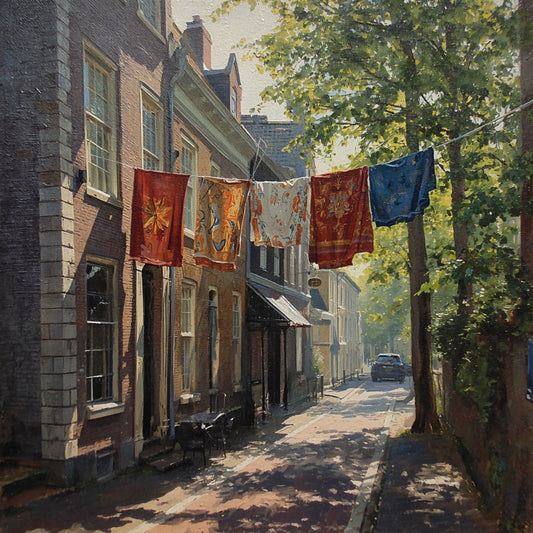 Hollands Straatje Schilderij – Zomerse Straat met Kleurrijke Tapijten aan de Lijn & Plataan