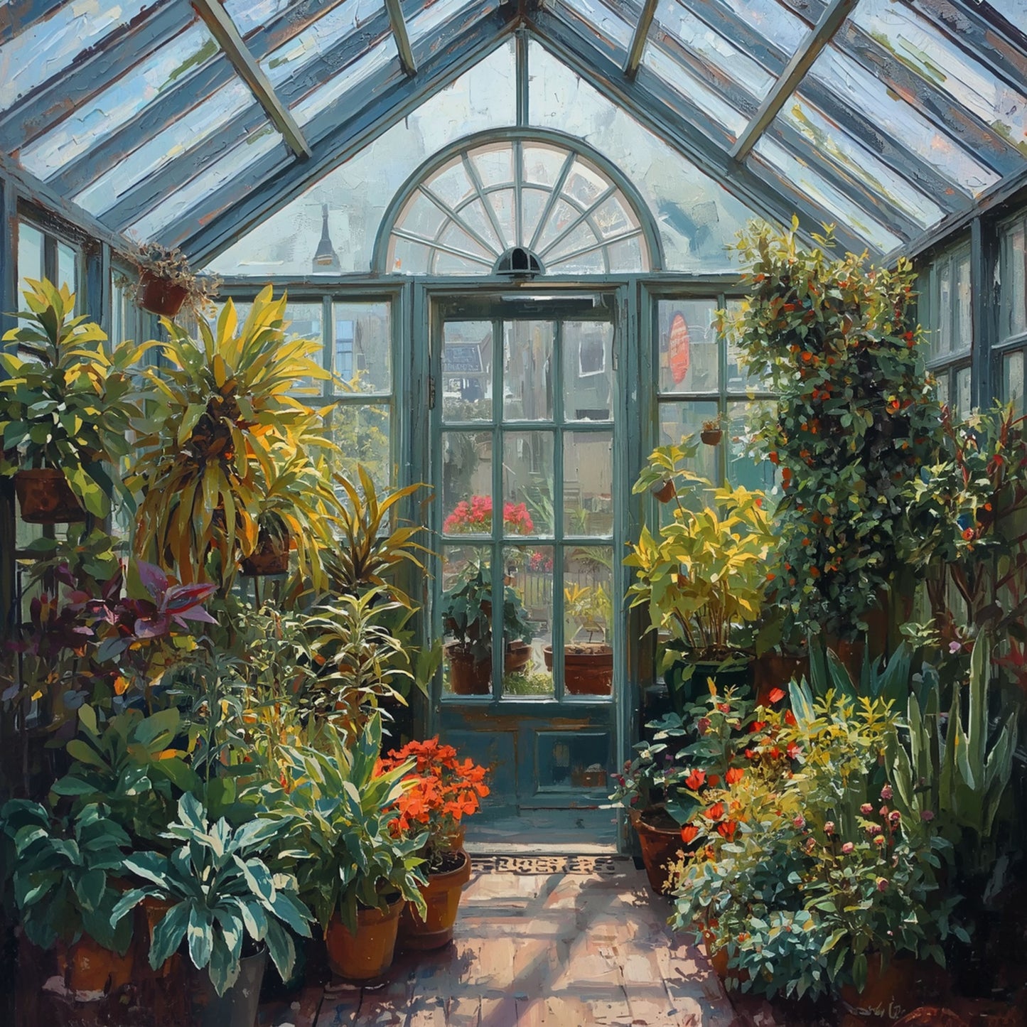 Kas Schilderij – Victoriaanse Glazen Kas met Tropische Planten & Rode Bloemen