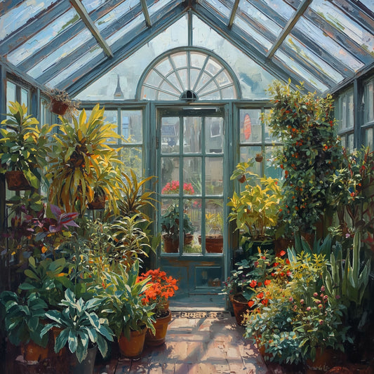 Kas Schilderij – Victoriaanse Glazen Kas met Tropische Planten & Rode Bloemen