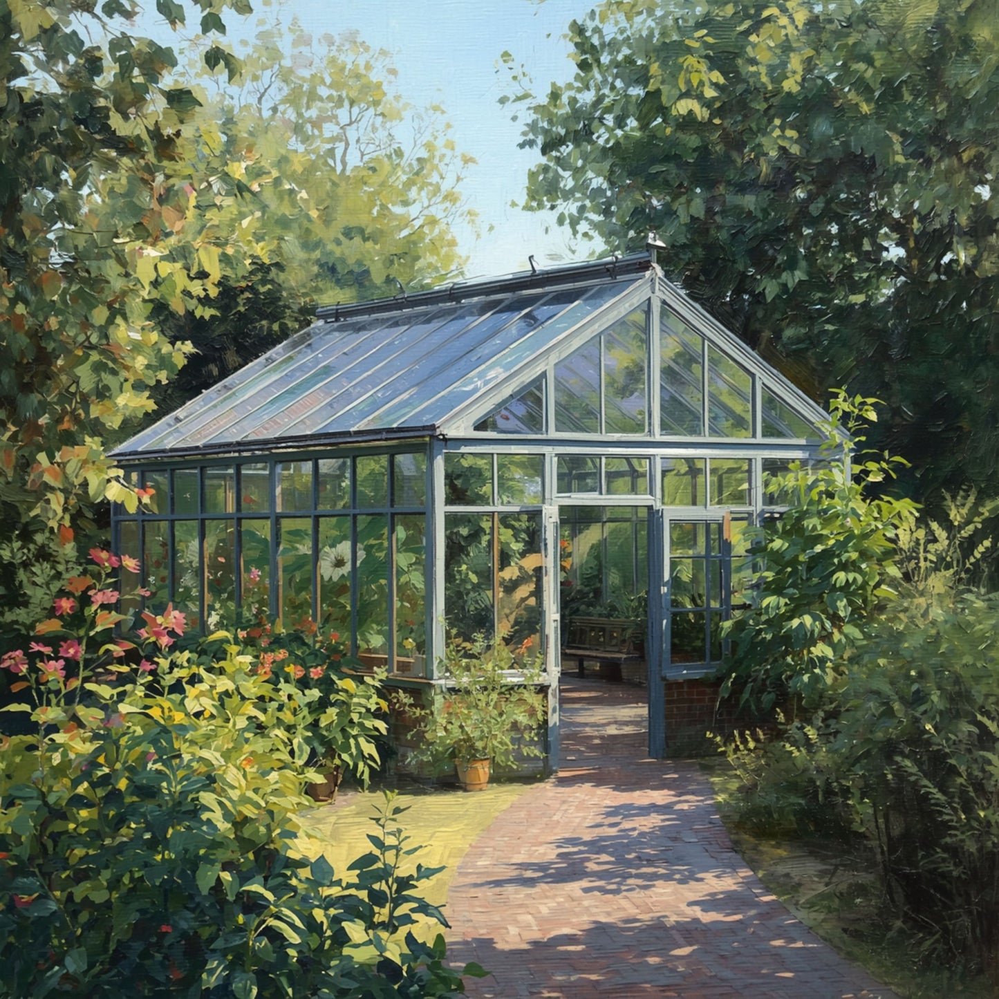 Kas Schilderij – Engelse Tuinkas in Weelderige Zomertuin met Klinkerpad & Bloemen