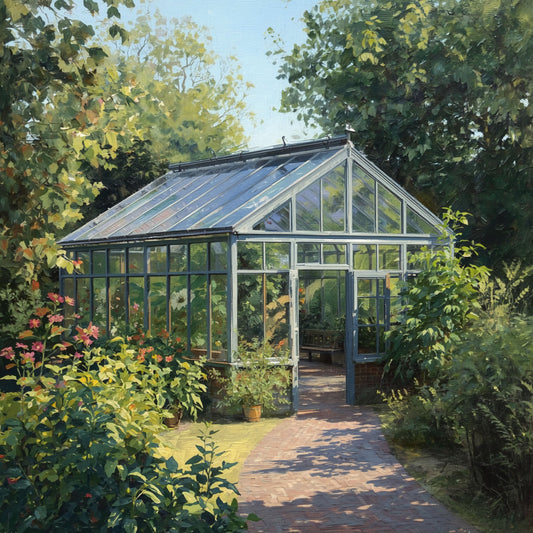 Kas Schilderij – Engelse Tuinkas in Weelderige Zomertuin met Klinkerpad & Bloemen