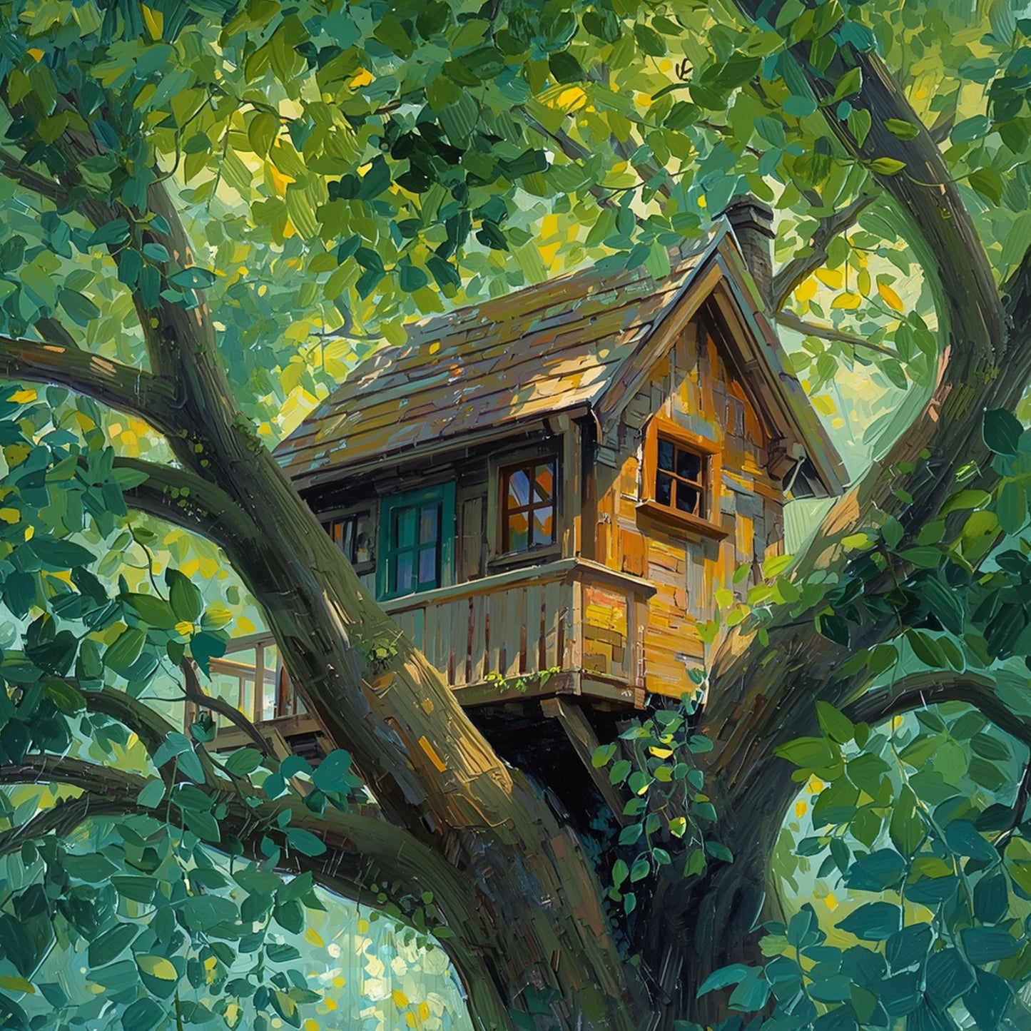 Boomhut Schilderij – Rustieke Houten Boomhut in Eeuwenoude Eik met Veranda & Schoorsteen