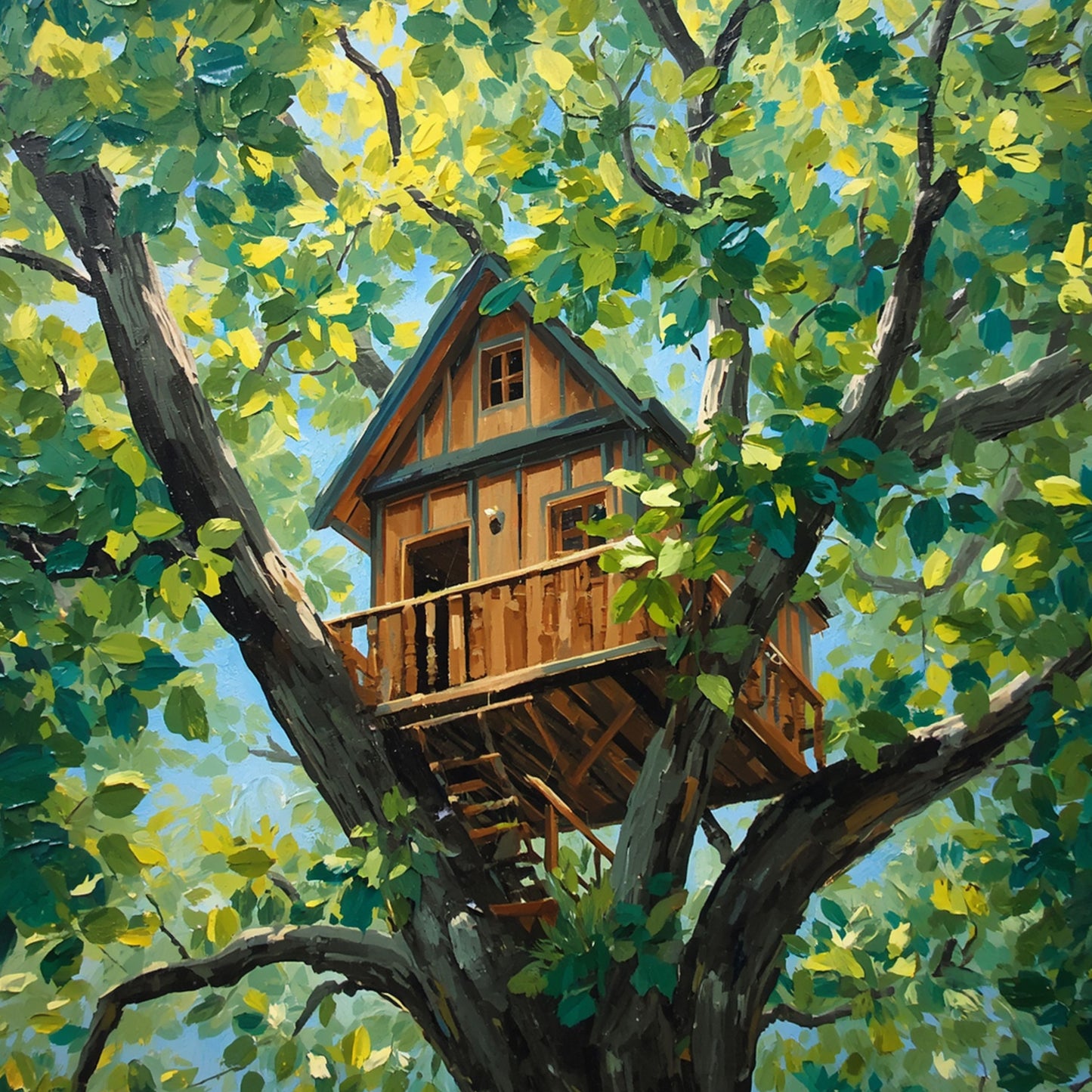 Boomhut Schilderij – Zomerse Houten Boomhut in Oude Boom met Veranda & Trap