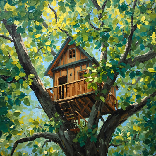 Boomhut Schilderij – Zomerse Houten Boomhut in Oude Boom met Veranda & Trap