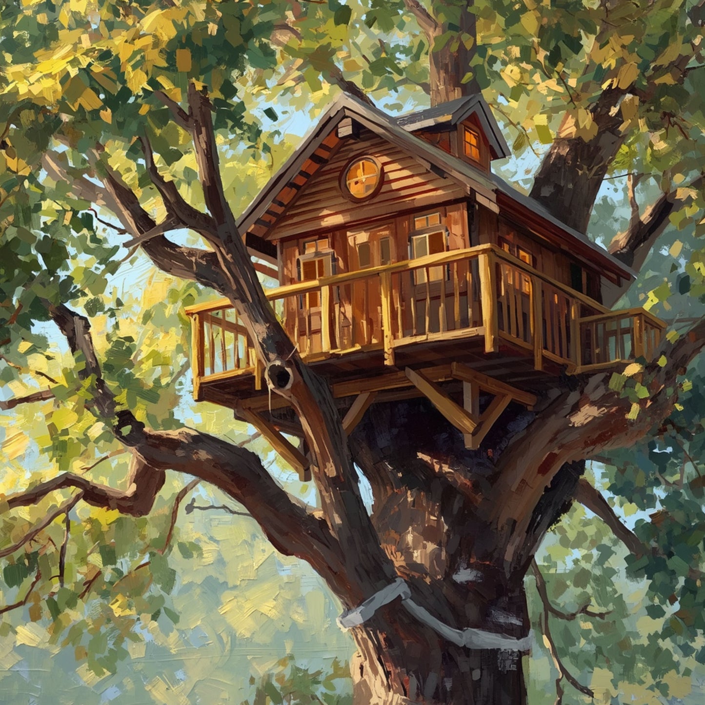 Boomhut Schilderij – Warme Houten Boomhut in Oude Eik met Veranda & Rond Raam