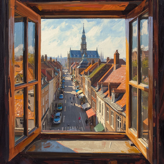 Raam Schilderij – Europees Stadsgezicht met Gotische Kathedraal via Open Houten Raam van Bovenaf