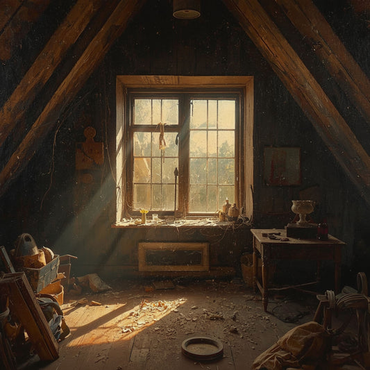 Zolder Schilderij – Verlaten Zolder met Gouden Zonlicht door Oud Raam & Houten Dakbalken