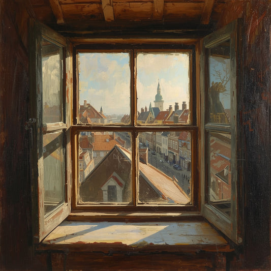 Raam Schilderij – Historisch Europees Stadsgezicht met Kerktoren via Oud Houten Raam