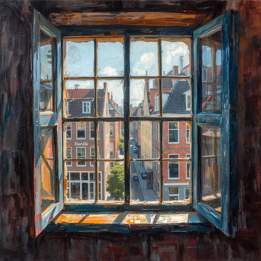 Raam Schilderij – Hollands Straatgezicht met Rode Bakstenen Gevels via Oud Blauw Raam