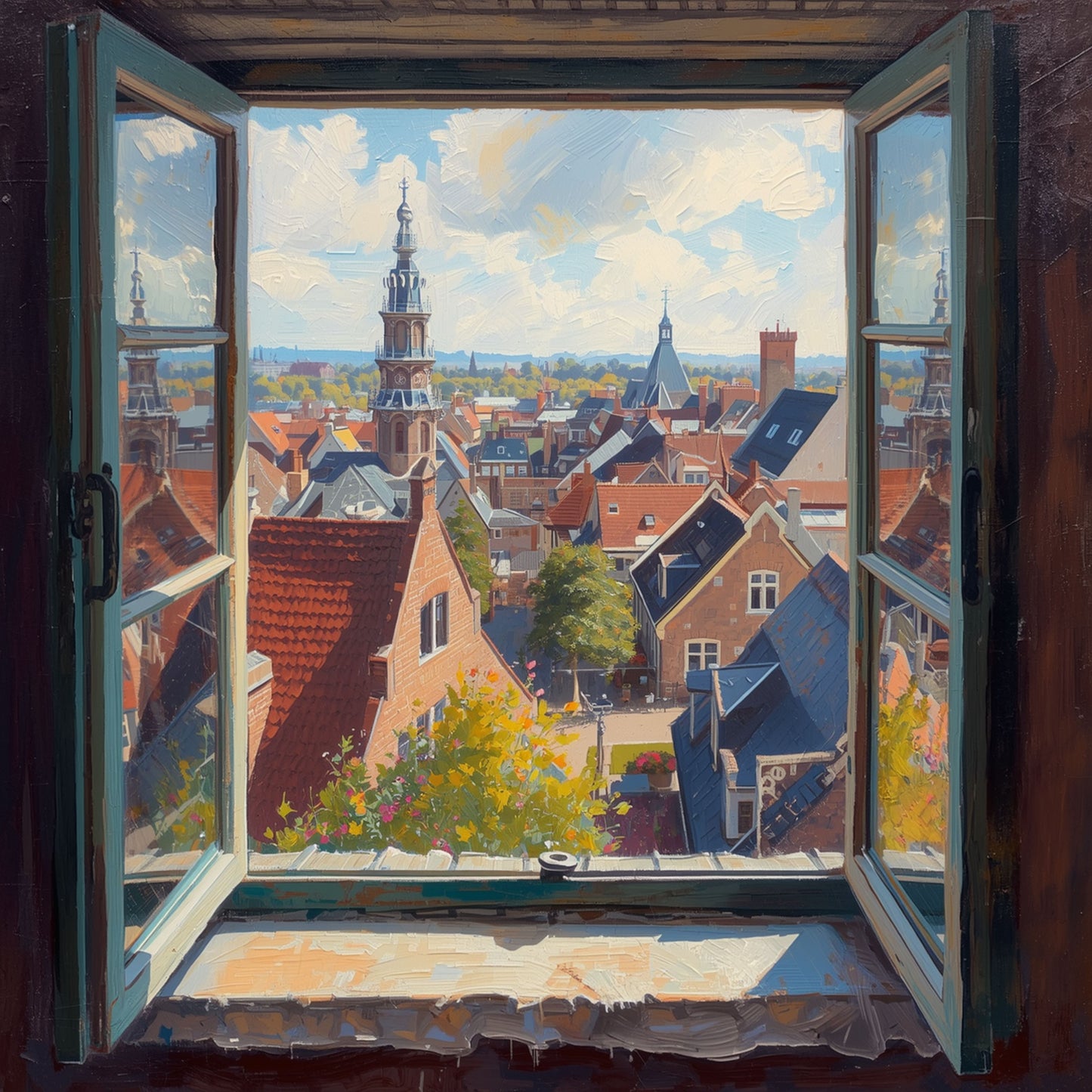 Raam Schilderij – Hollands Stadsgezicht met Kerktorens & Rode Daken via Open Raam