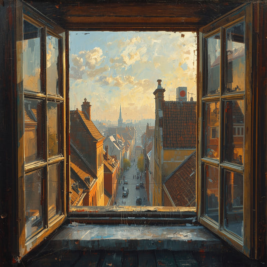 Raam Schilderij – Gouden Avondlicht over Europese Stad met Kerktoren via Open Houten Raam