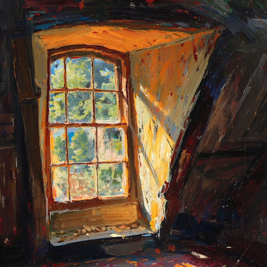 Zolder Schilderij – Expressionistisch Zolderraam met Gouden Zonlicht & Groene Boomkruinen