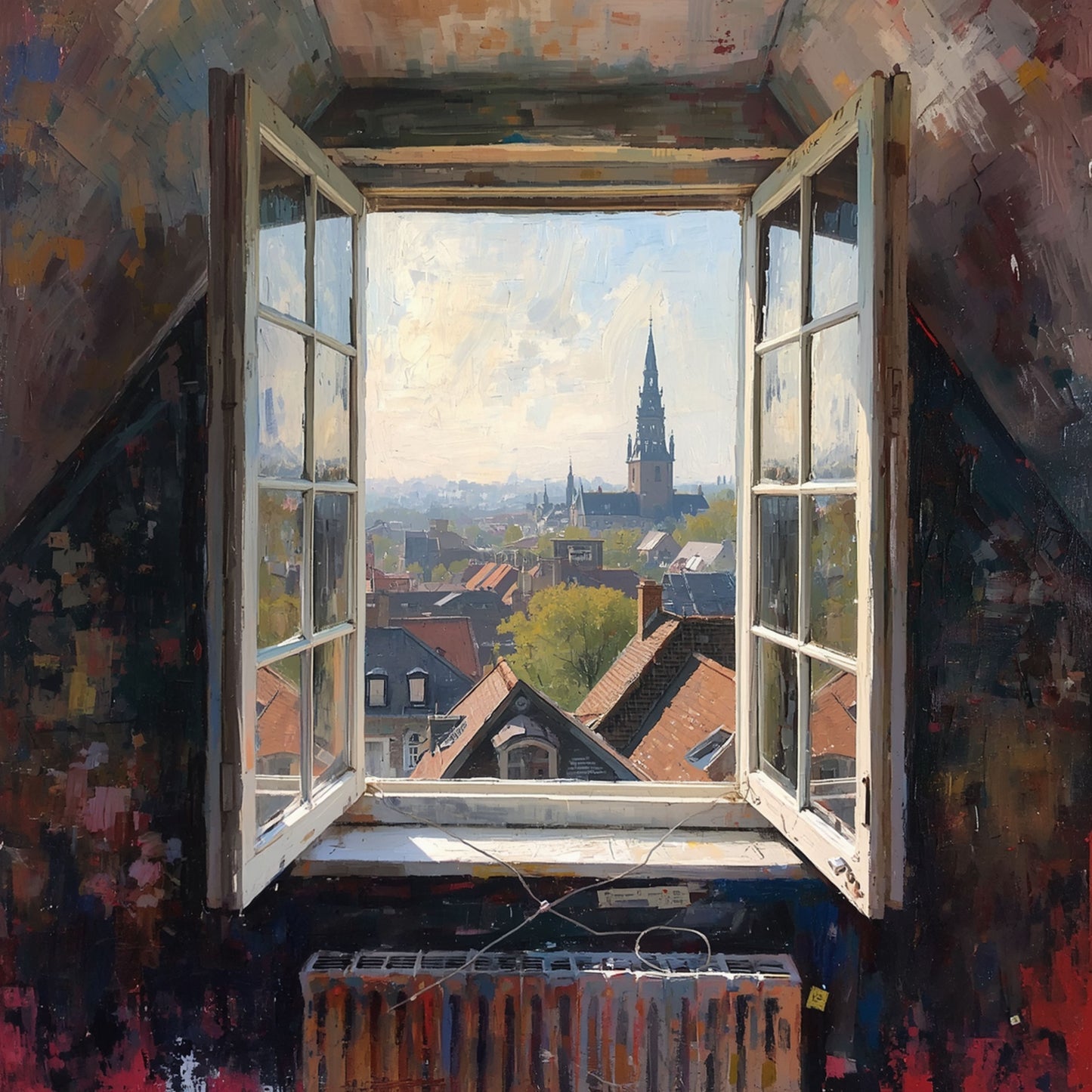 Raam Schilderij – Impressionistisch Stadsgezicht met Gotische Kerktoren via Open Wit Raam