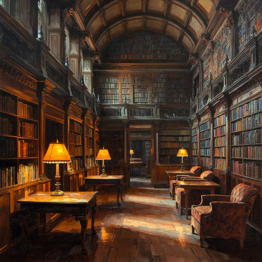 Bibliotheek Schilderij – Majestueuze Victoriaanse Bibliotheek met Gouden Lamplicht & Leren Fauteuils