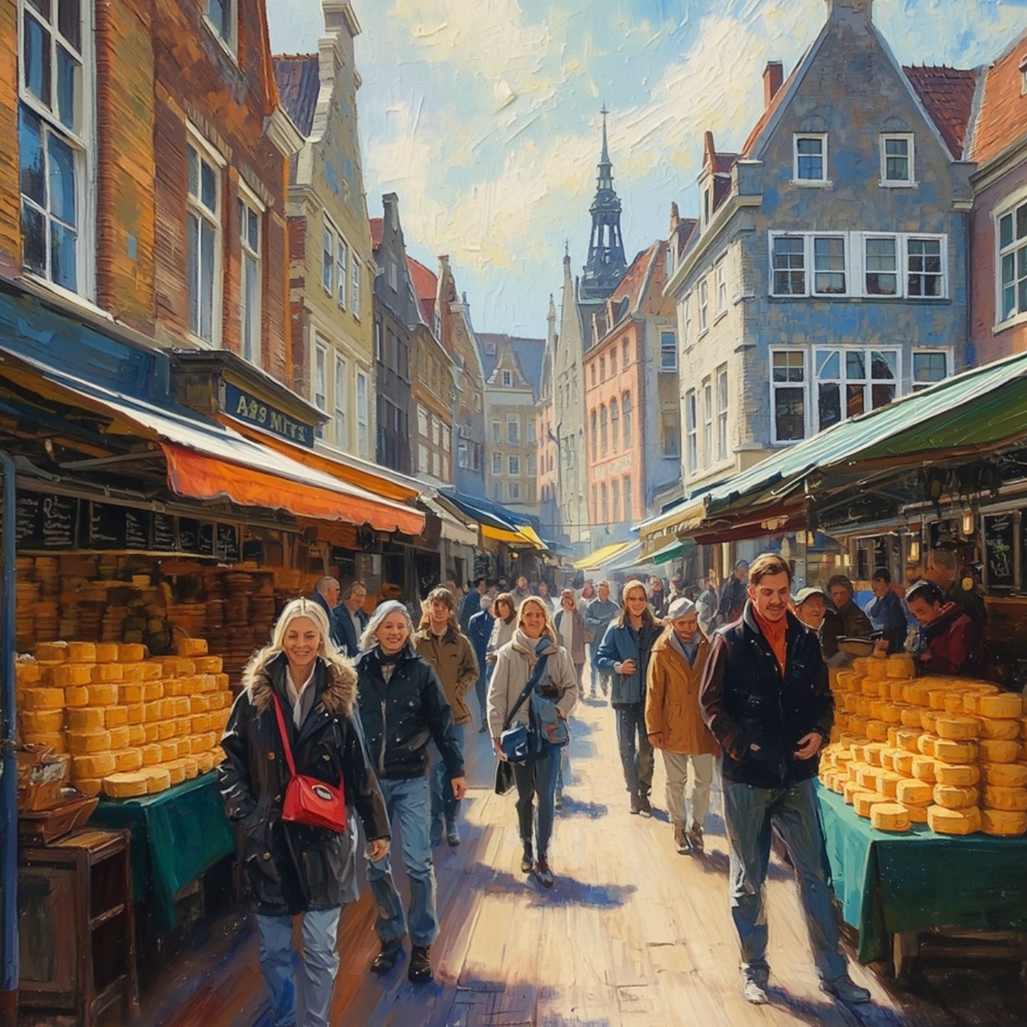 Kaasmarkt Schilderij – Drukke Hollandse Kaasmarkt met Lachende Bezoekers & Kerktoren