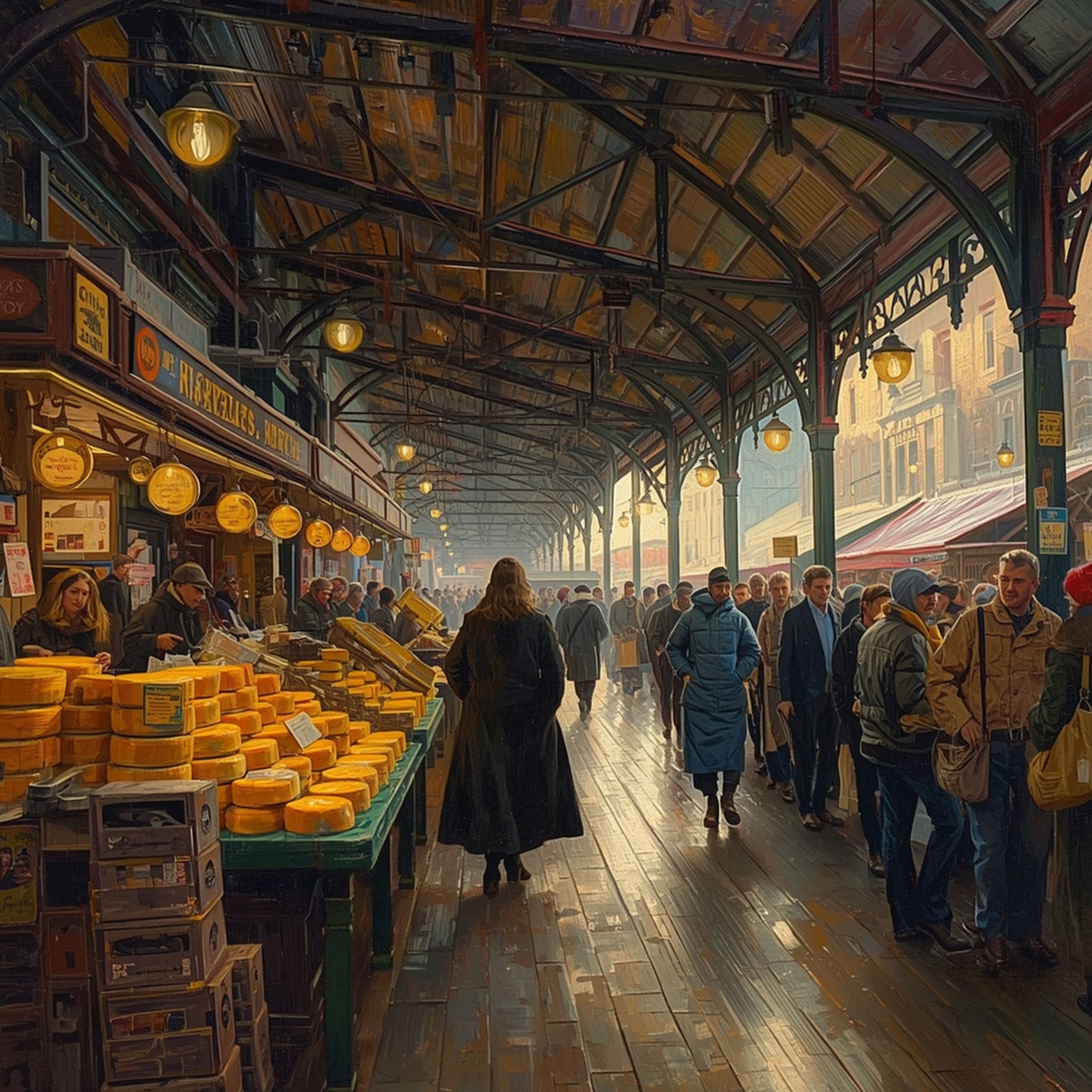 Kaasmarkt Schilderij – Overdekte Victoriaanse Markthal met Goudgele Kaaswielen & Sfeerlampen