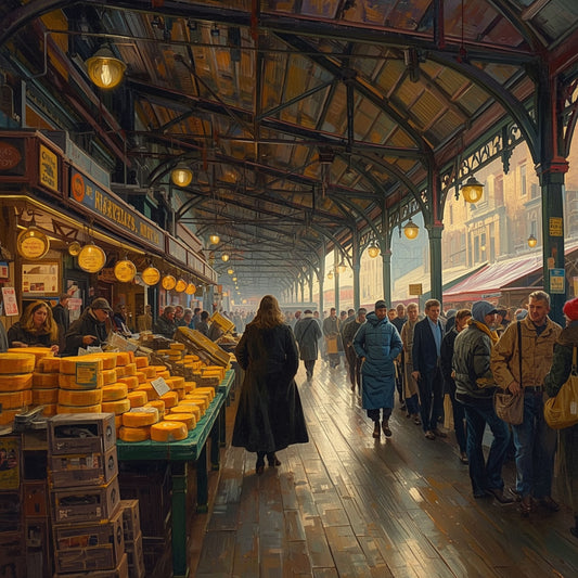 Kaasmarkt Schilderij – Overdekte Victoriaanse Markthal met Goudgele Kaaswielen & Sfeerlampen