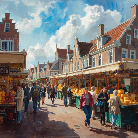 Kaasmarkt Schilderij – Drukke Hollandse Kaasmarkt met Gouden Kaaswielen & Trapgevels