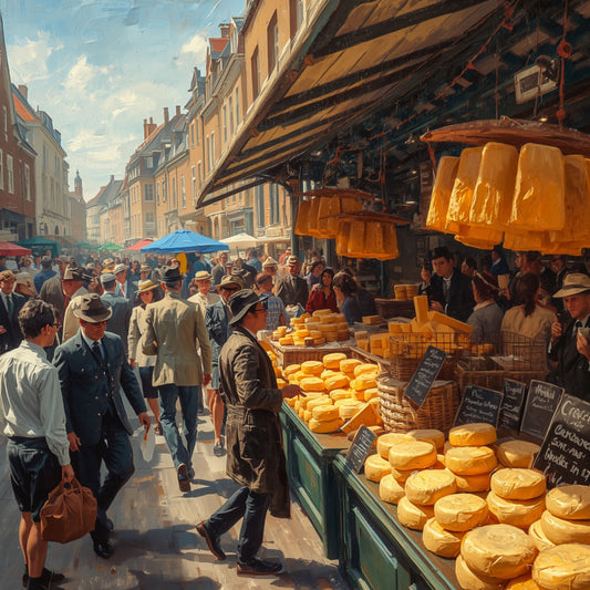 Kaasmarkt Schilderij – Drukke Hollandse Straatmarkt met Goudgele Kaaswielen & Marktbezoekers