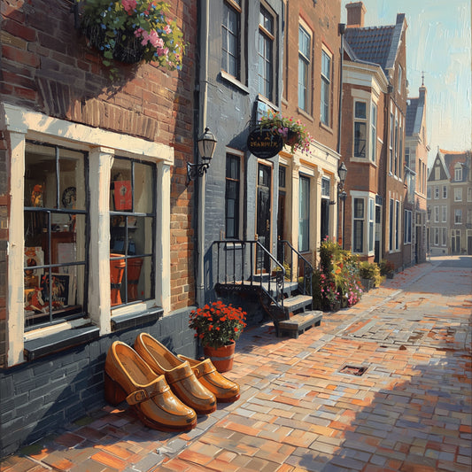 Klompen Schilderij – Gouden Klompen op Zonnig Hollands Klinkerstraatje met Winkels & Bloemen