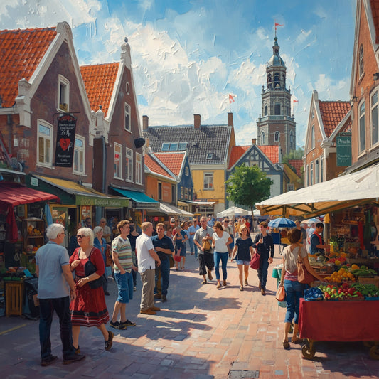Markt Schilderij – Zomerse Hollandse Markt met Groentekramen, Kerktoren & Kleurrijke Gevels