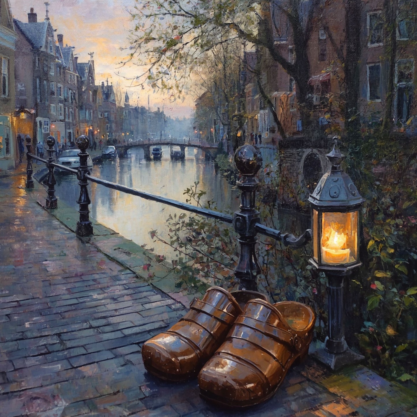 Klompen Schilderij – Hollandse Klompen bij Verlichte Lantaarn langs Avondgracht