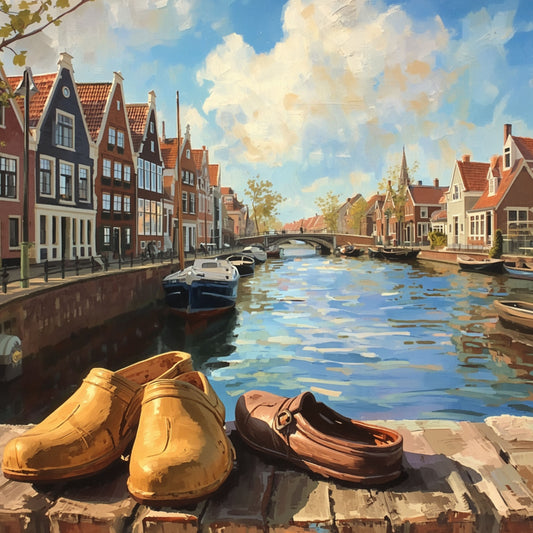 Klompen Schilderij – Gouden Hollandse Klompen aan Zonnige Gracht met Trapgevels & Boten