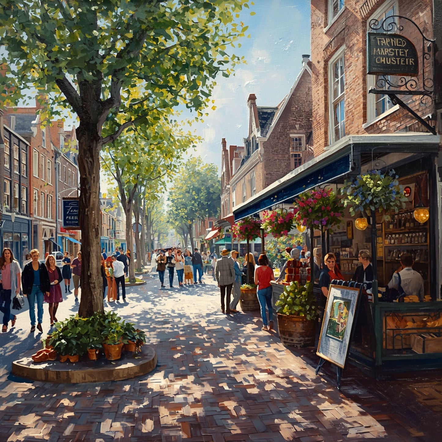 Winkelstraat Schilderij – Zonnige Hollandse Winkelstraat met Platanen & Marktkoopman
