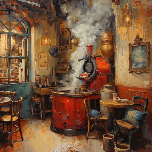 Koffiebranderij Schilderij – Vintage Koffiebranderij met Rode Brander & Stoom in Oud Café