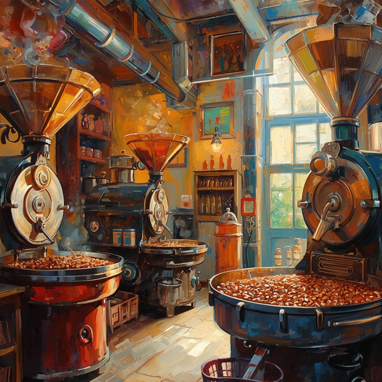 Koffiebranderij Schilderij – Rustieke Branders met Koffiebonen en Warm Zonlicht in Olieverf