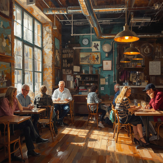 Bruisend Café Interieur Schilderij – Gezellig Industrieel Café met Gasten in Warm Zonlicht in Olieverf