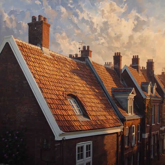 Engelse Daken Schilderij – Victoriaanse Bakstenen Huizen bij Zonsondergang in Olieverf