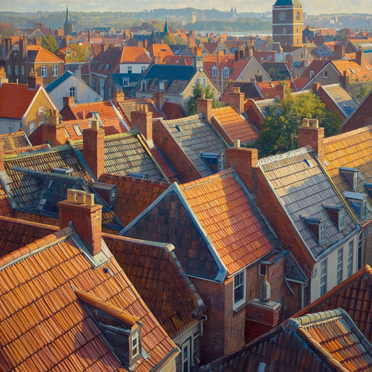 Engelse Daken Vogelperspectief Schilderij – Zee van Terracotta Daken met Kerktoren in Olieverf