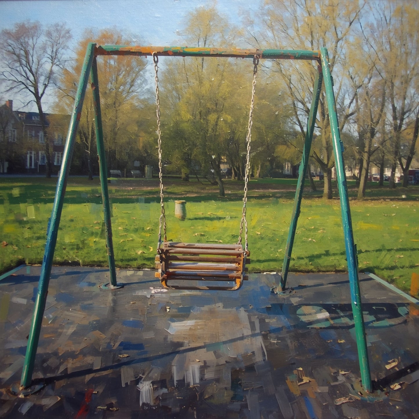 Verlaten Schommel Schilderij – Lege Speeltuinschommel in Hollands Stadspark in Olieverf