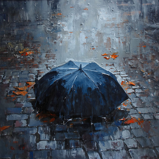 Paraplu in de Regen Schilderij – Blauwe Paraplu op Natte Klinkers in Olieverf