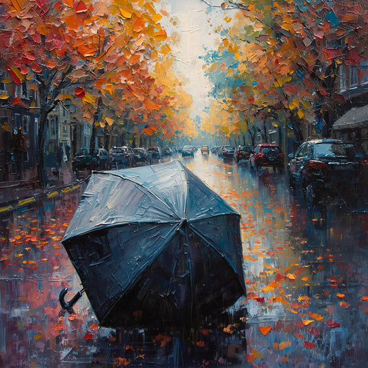 Grijze Paraplu in Herfstregen Schilderij – Figuur met Paraplu op Natte Herfststraat in Olieverf