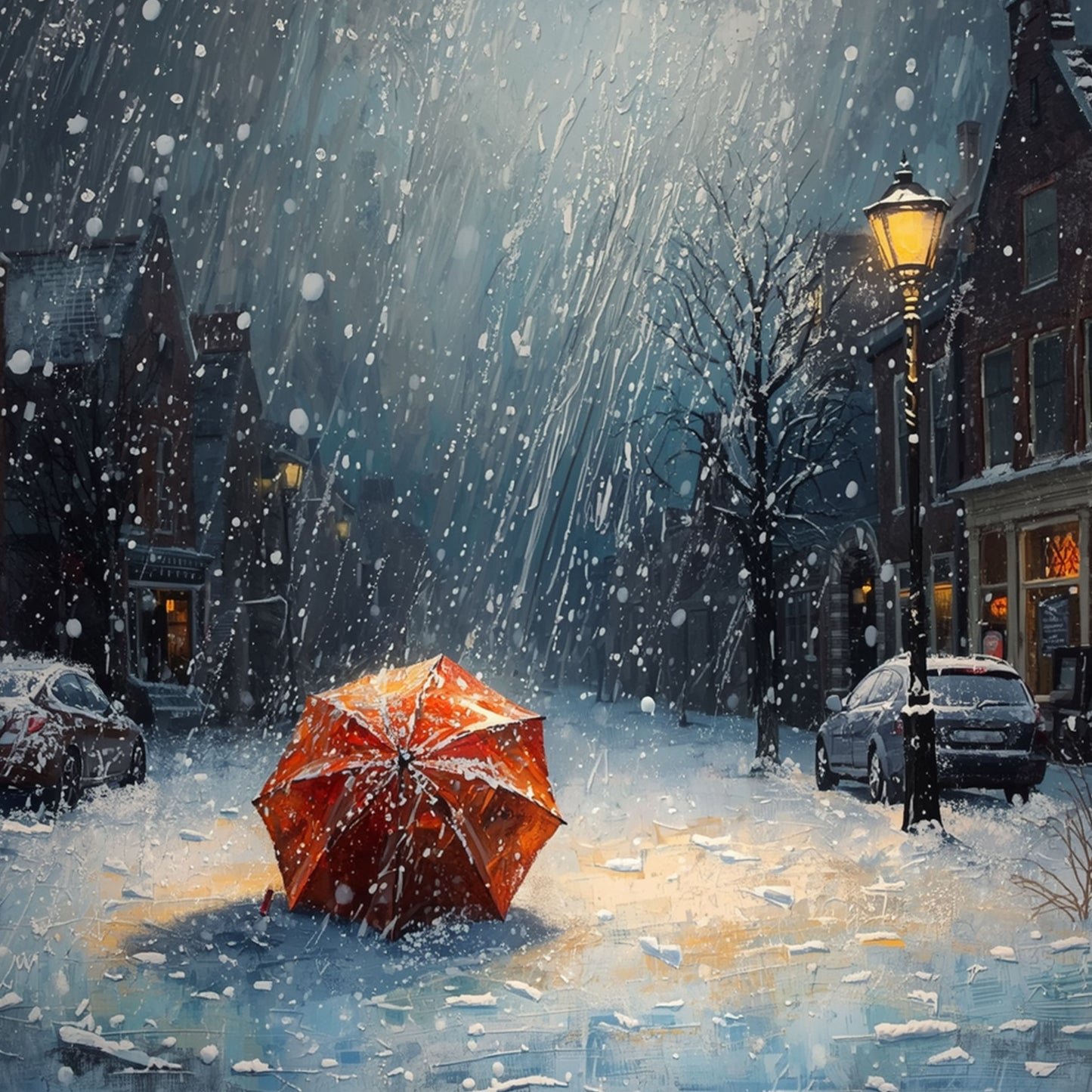Rode Paraplu in de Sneeuw Schilderij – Hollandse Winterstraat met Lantaarn in Olieverf