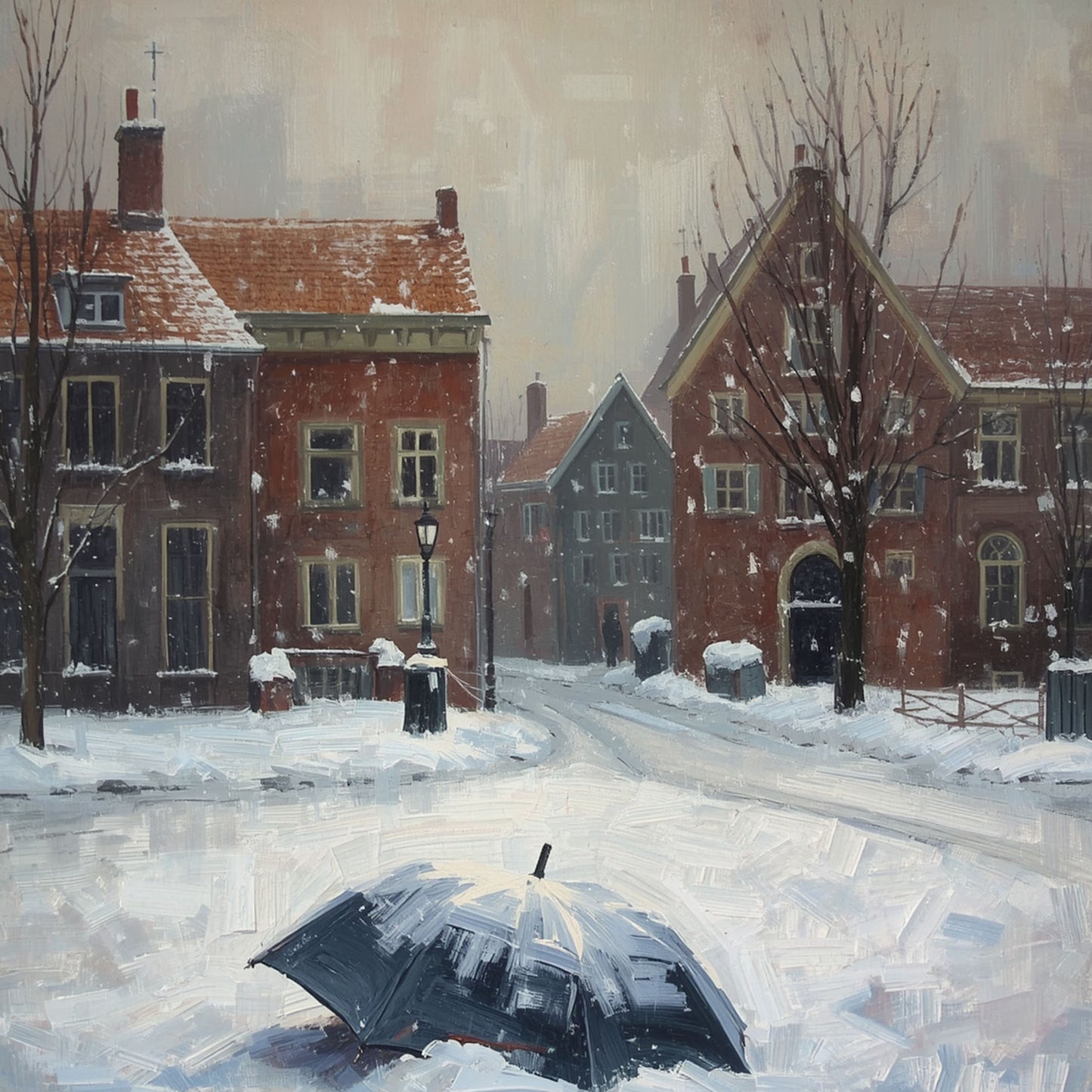 Paraplu in Hollandse Sneeuwstorm Schilderij – Verlaten Paraplu op Besneeuwd Plein in Olieverf