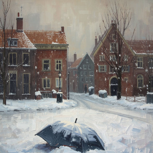 Paraplu in Hollandse Sneeuwstorm Schilderij – Verlaten Paraplu op Besneeuwd Plein in Olieverf