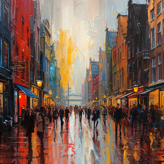 Stadsstraat Schilderij – Regenachtige Avondstraat met Voetgangers in Kleurrijke Stad