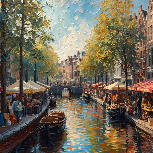 Amsterdam Gracht Schilderij – Bruisende Canalmarkt in Herfstkleuren